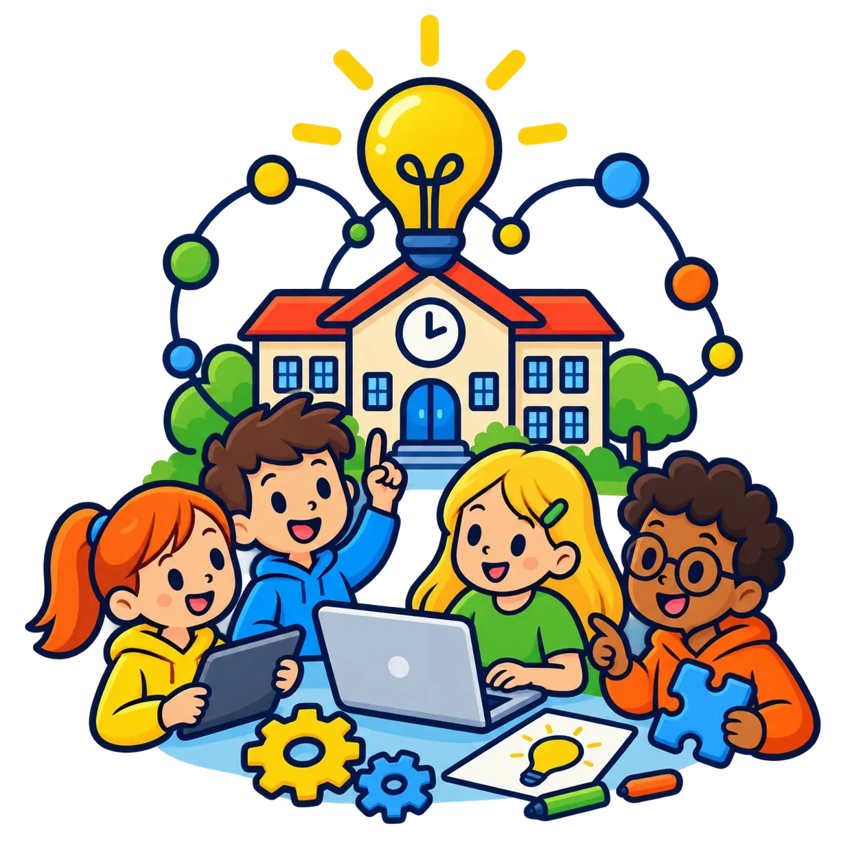 Kinder arbeiten in der Gruppe, im Hintergrund geht der Schule ein Licht auf.