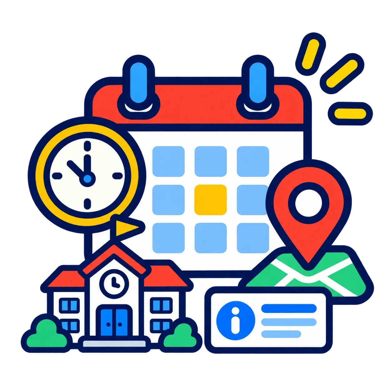 Kalender mit Uhr, Standort-Pin und kleinem Schulgebäude